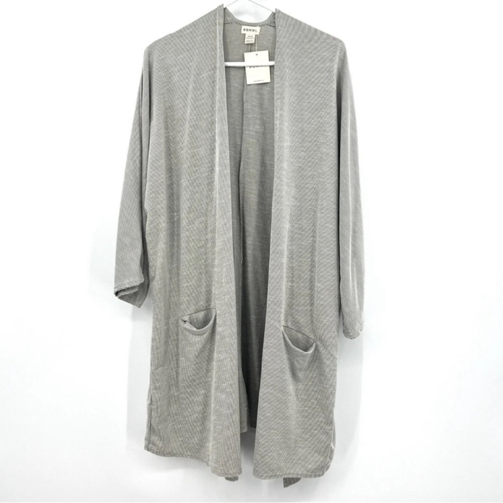 2/$80! DONNI Ribbed Grey and White Striped Open Sweater - Picture 2 of 13